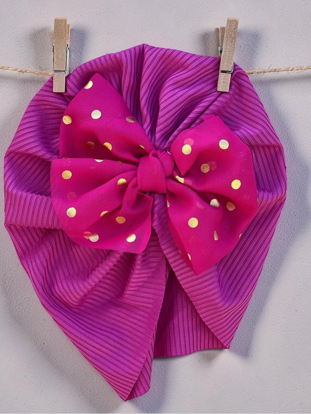 Magenta Pink Ribbed Baby Turban Gold Polka Dot Bow Headband